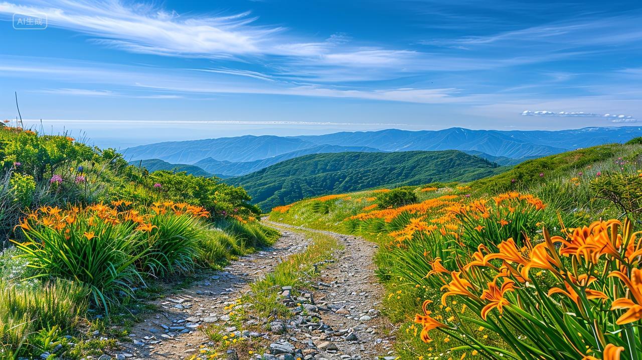 萱花草盛开于山林小径两侧,绿意盎然