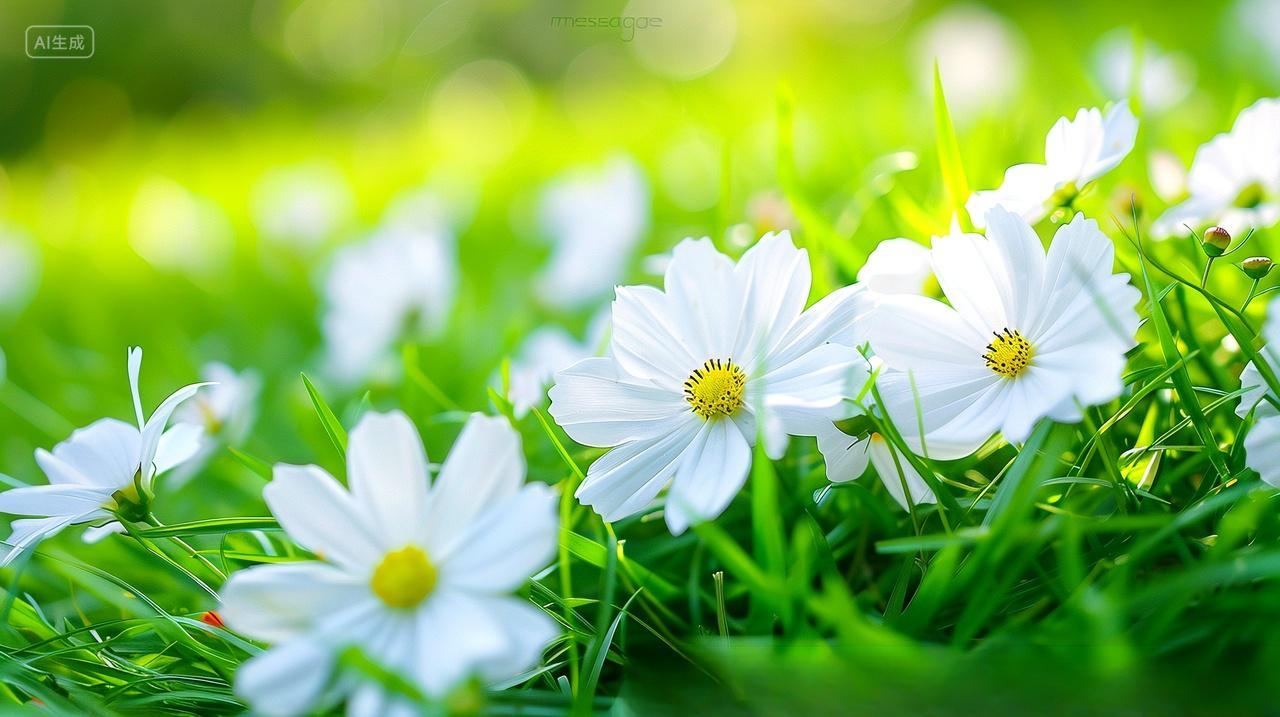 小草白花清新绽放