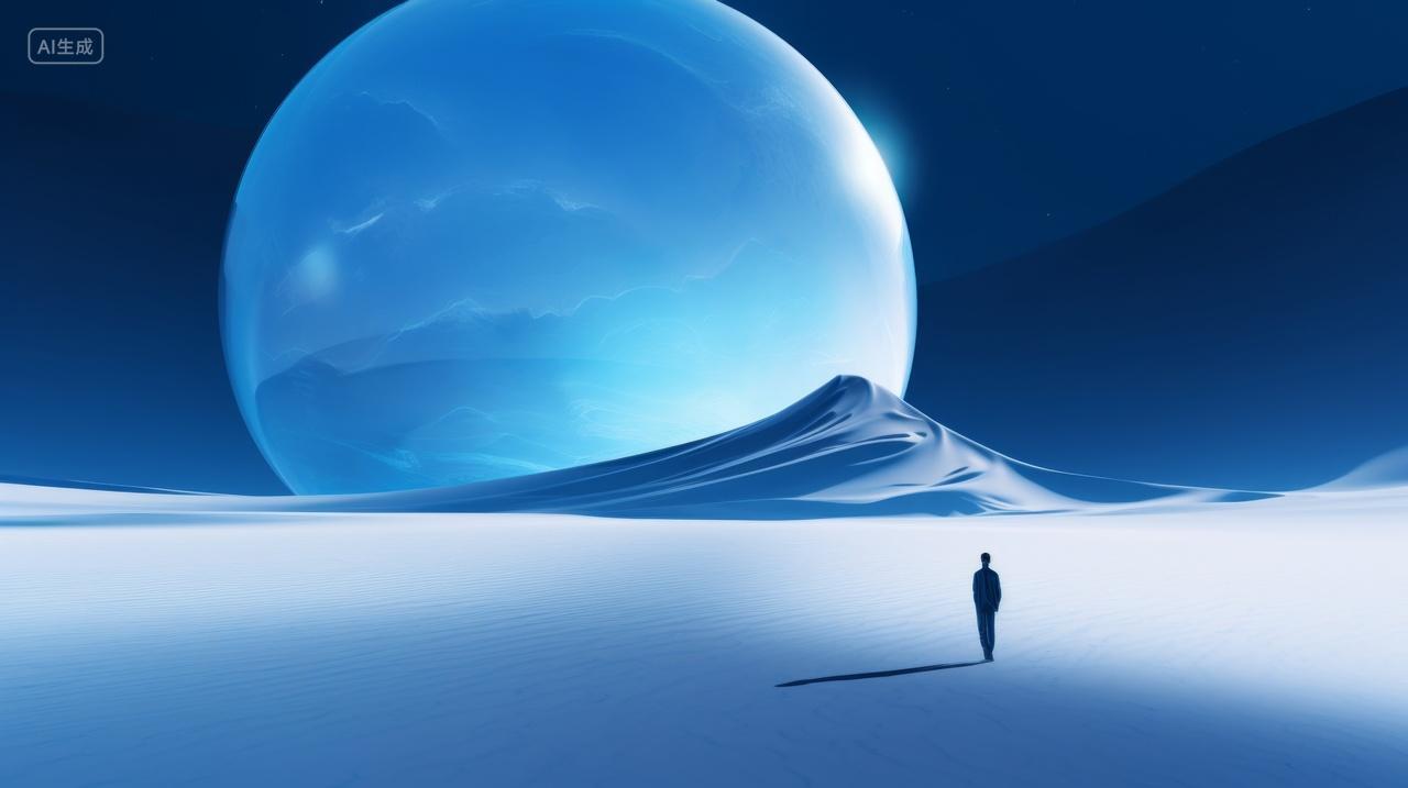 抽象背景，明亮的月球和宇宙星空下的背影