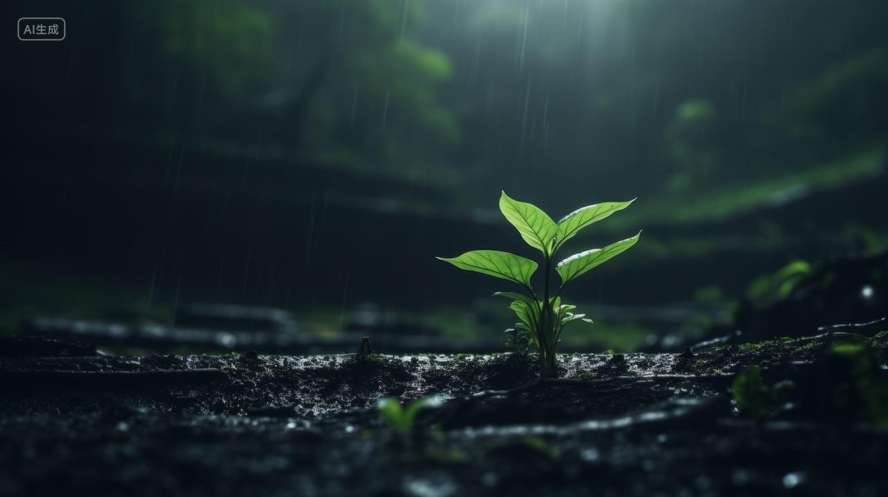 雨后生长的绿色的植物嫩芽