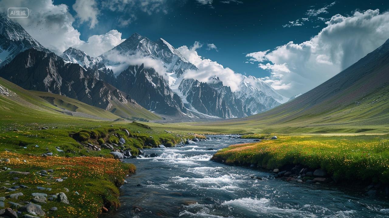 溪水潺潺雪山融花开满地春意浓