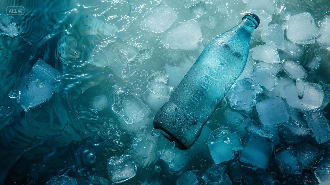 一瓶汽水躺在冰块上面