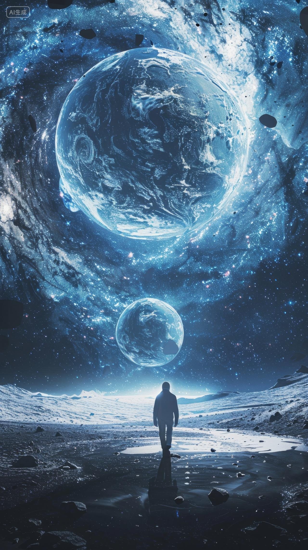 抽象背景，明亮的月球和宇宙星空下的背影