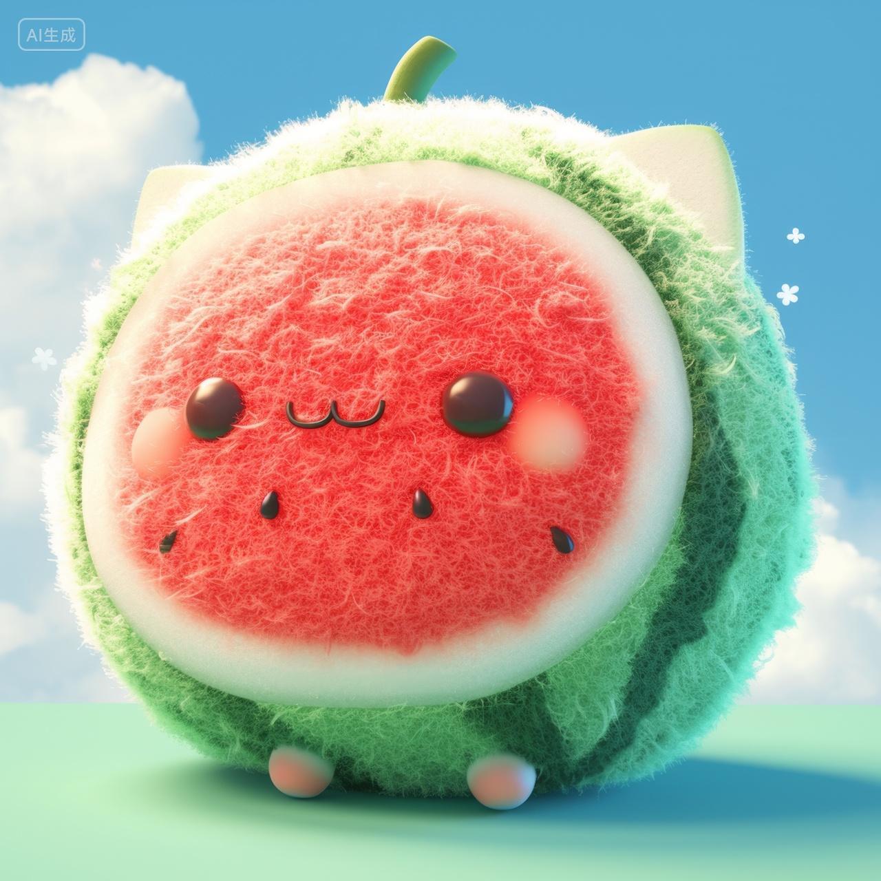 可爱的卡通毛绒水果插图-西瓜