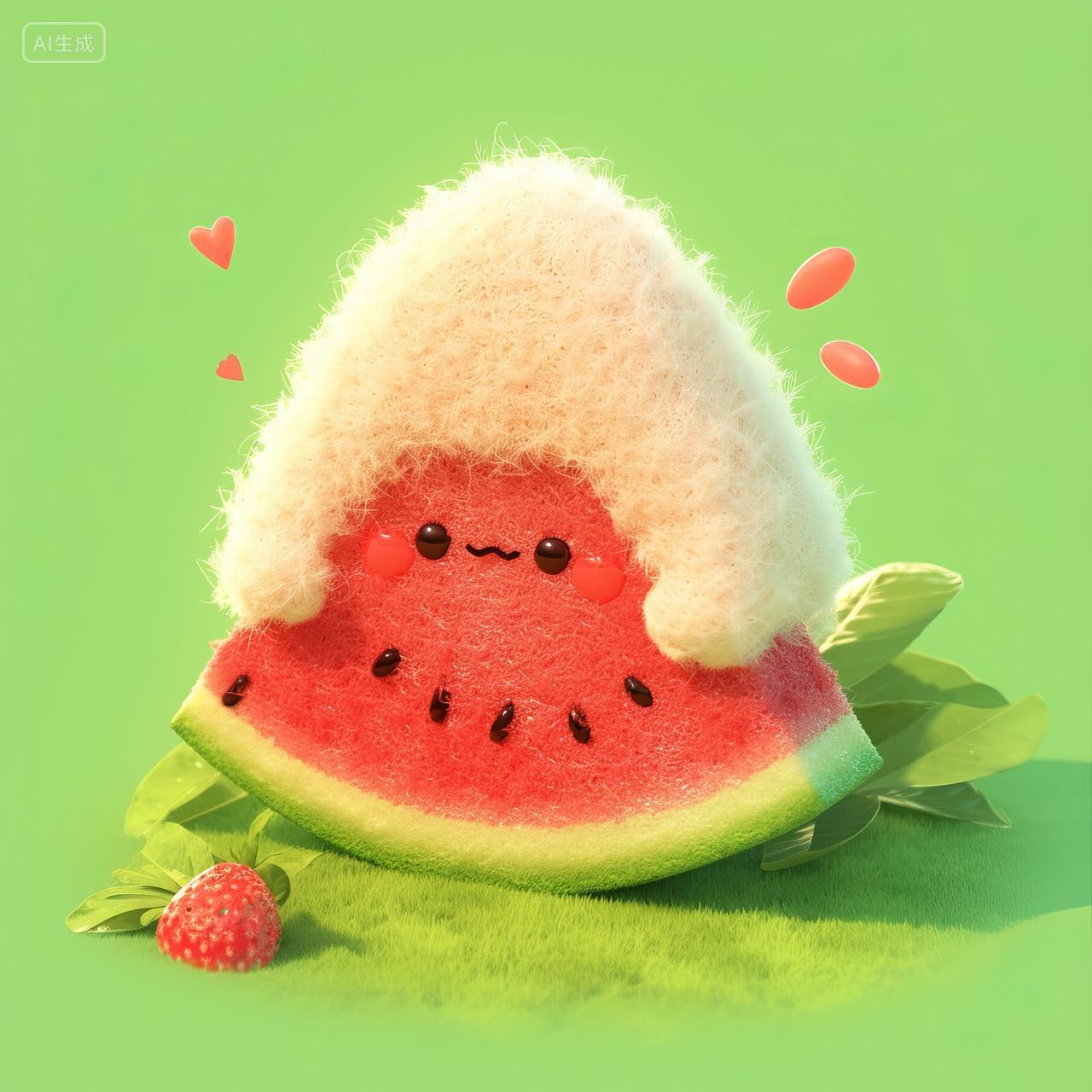 可爱的卡通毛绒水果插图-西瓜