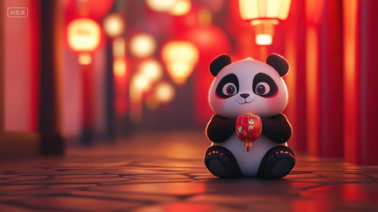 动物坐在中国风室内场景中的卡通熊猫