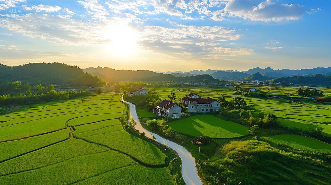 乡村田野的早晨田园风光远景乡村蓝天白云