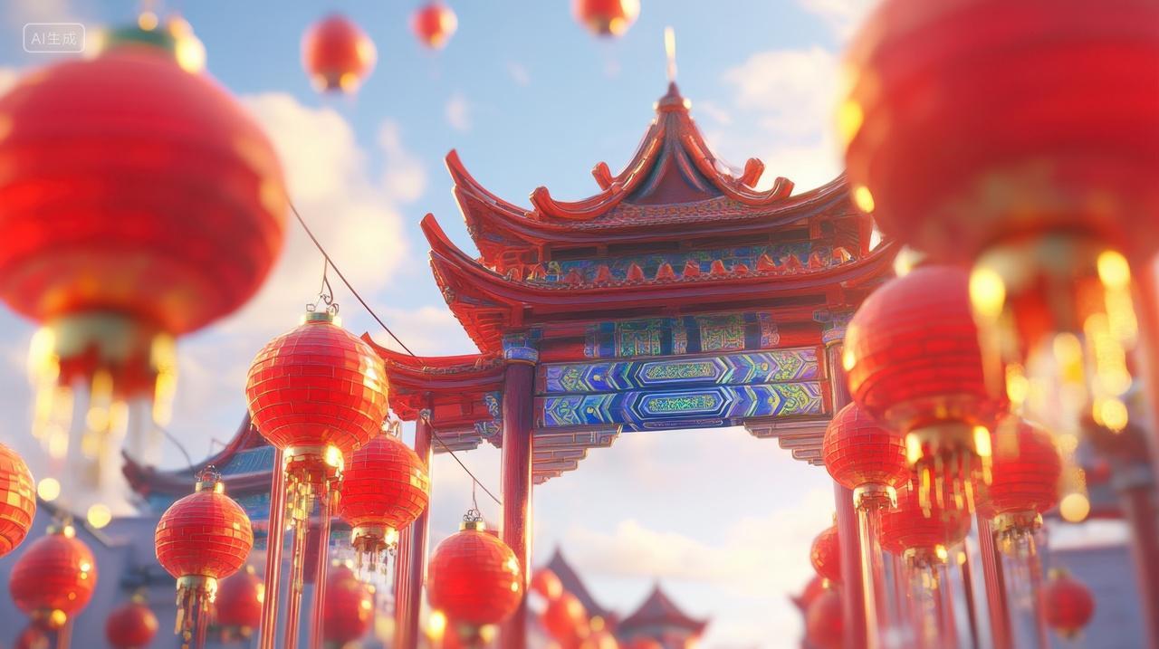 新年集会中国风红灯笼门廊