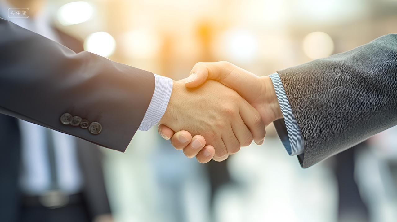 商务谈判合作伙伴协商都市西装握手达成