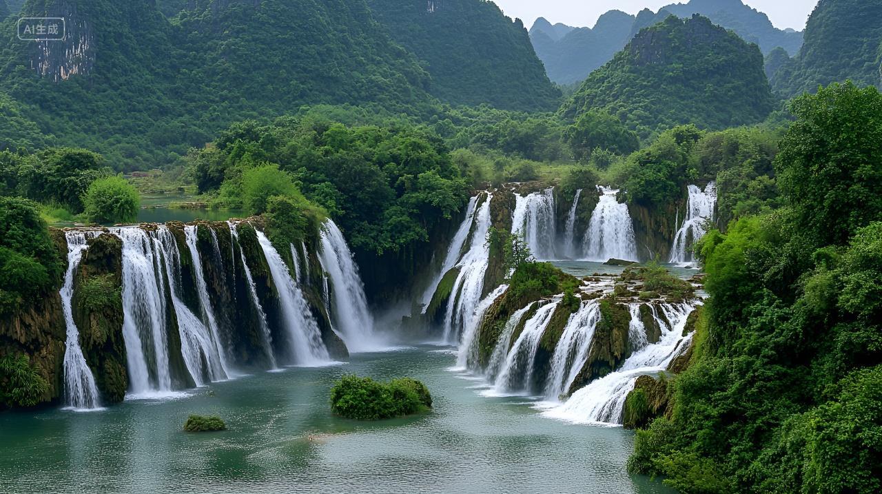 壮丽的瀑布景观高山流水人家水流自然壁纸