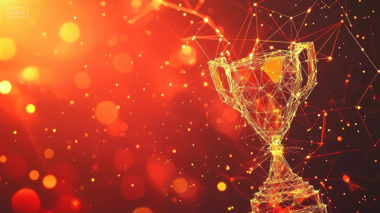 粒子形成的闪耀的冠军奖杯企业年会光效红色背景