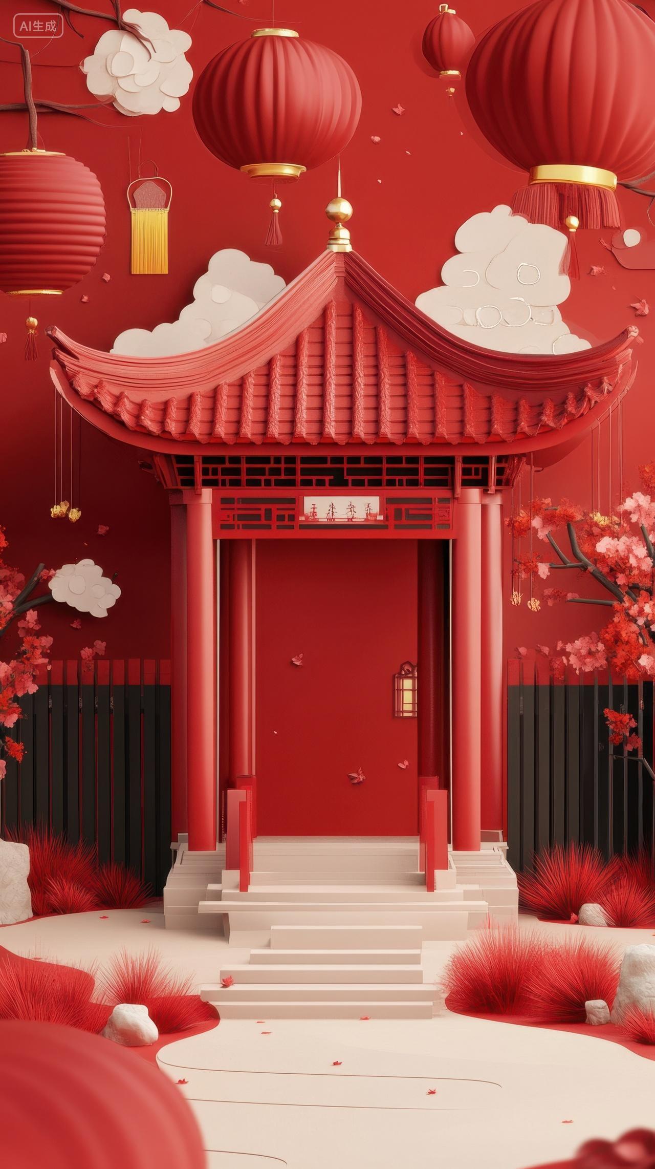 3D中国风红色亭子