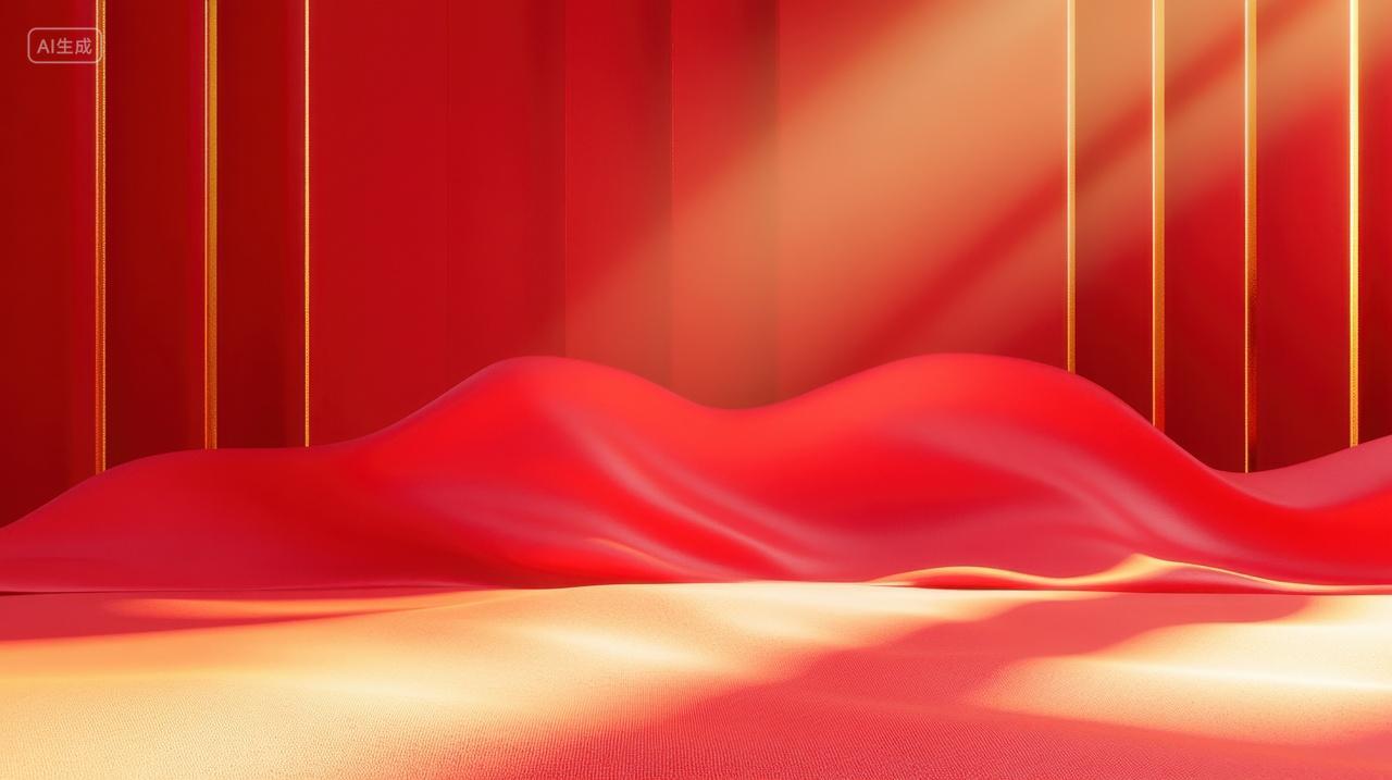 金色光影下的企业年会光效红色背景红色展台空间