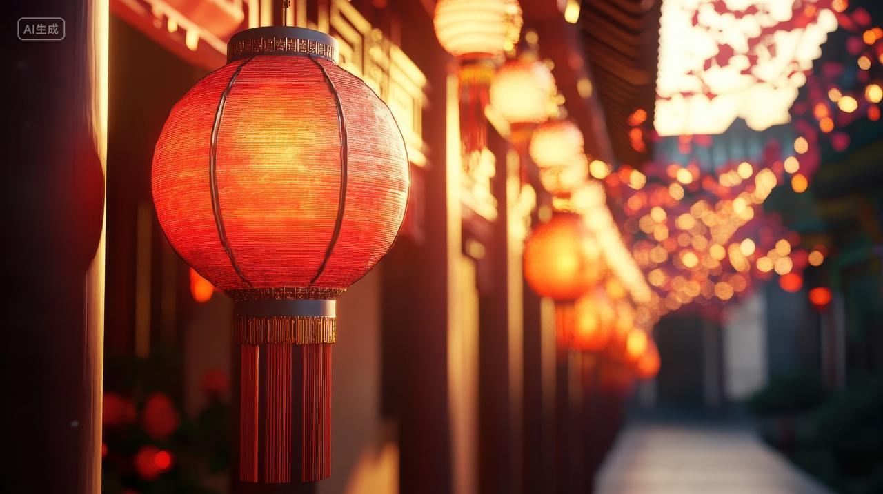 古风庭院长廊上的红色灯笼