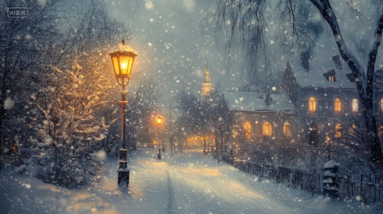 冬夜雪景中的路灯