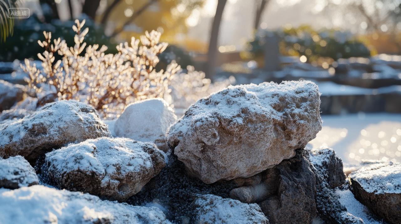 冬天公园假山石头上的积雪