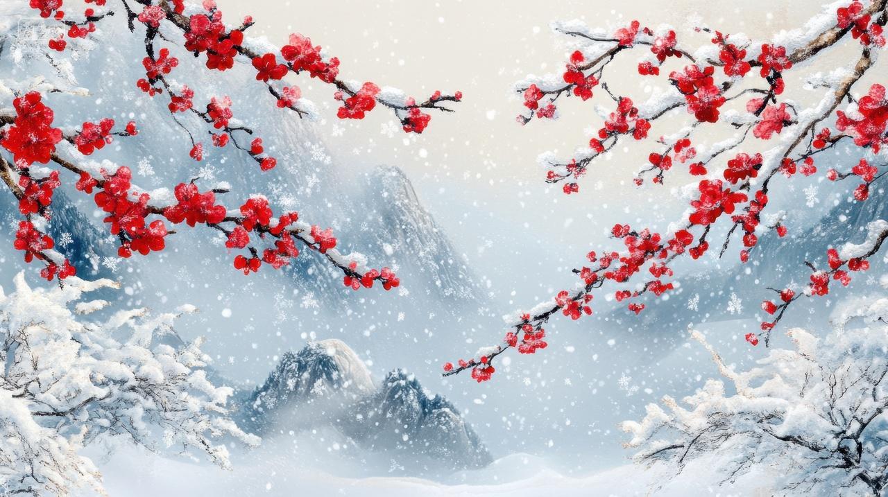 冬天小雪大雪立冬冬至传统节日节气冬日风雪中的红梅