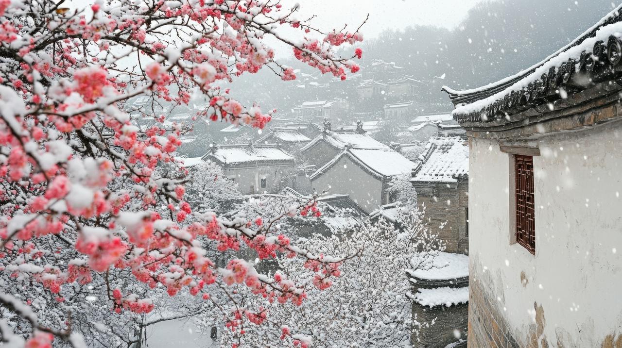 江南古镇雪景与梅花