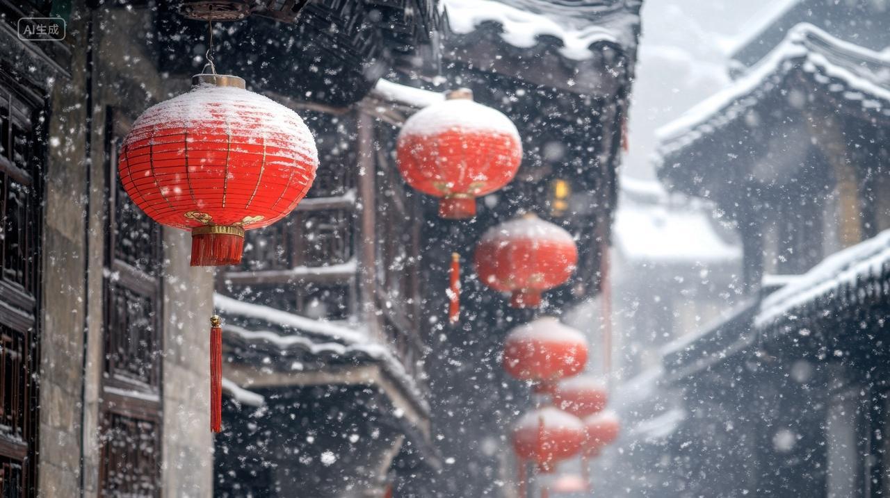 风雪飘零中的江南古镇与屋檐下的灯笼