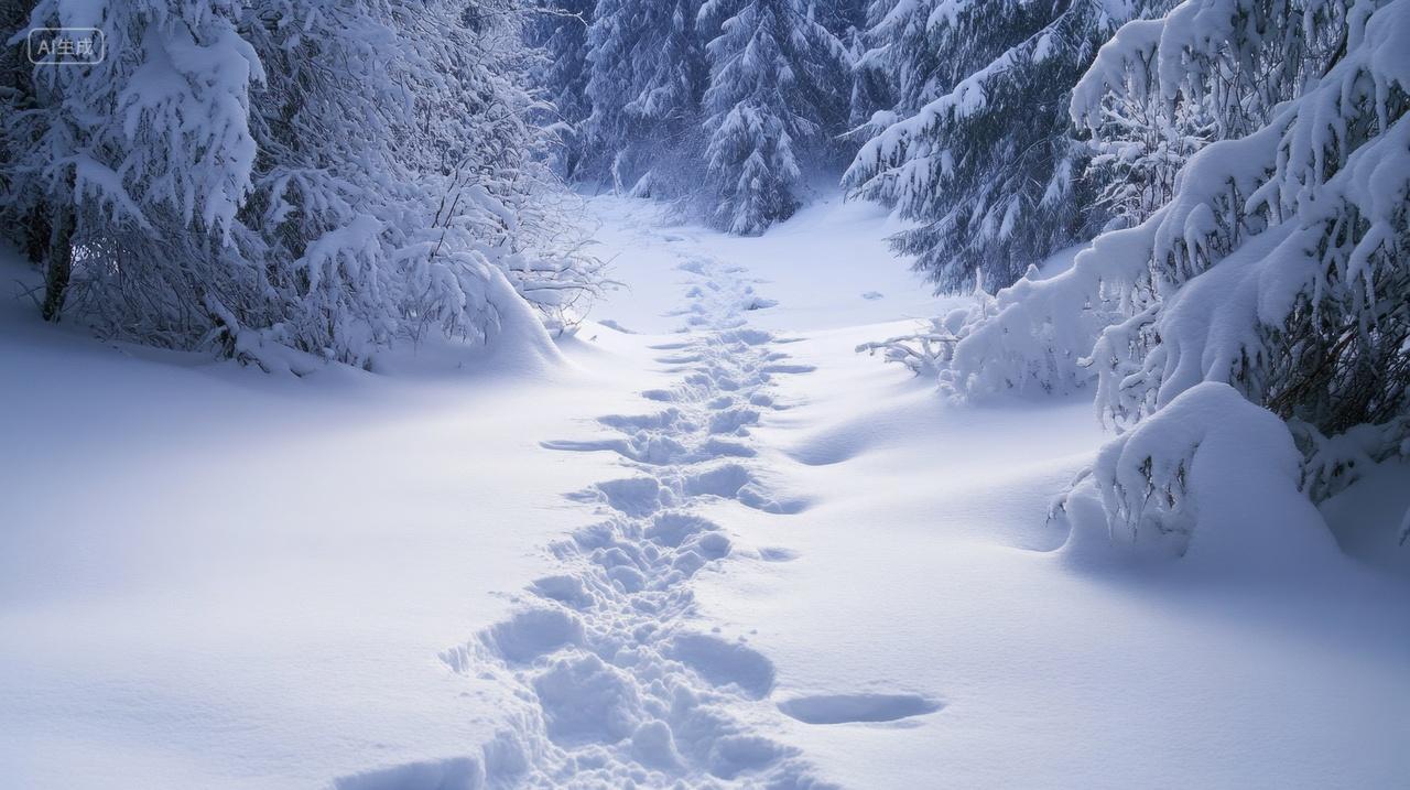 大雪覆盖森林后出现的足迹