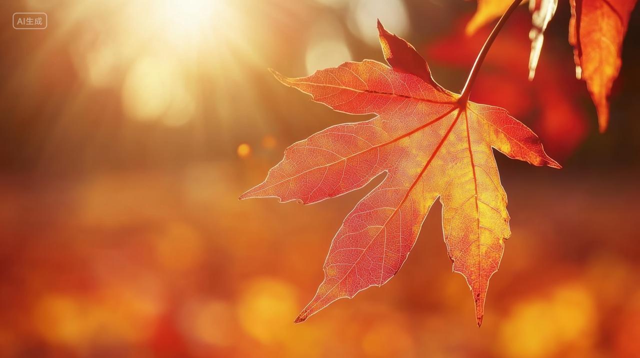 金色斑驳光影下的红色枫叶