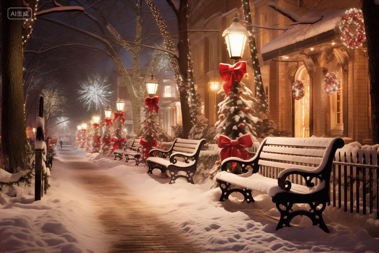 圣诞节雪夜街景冬季下雪的晚上