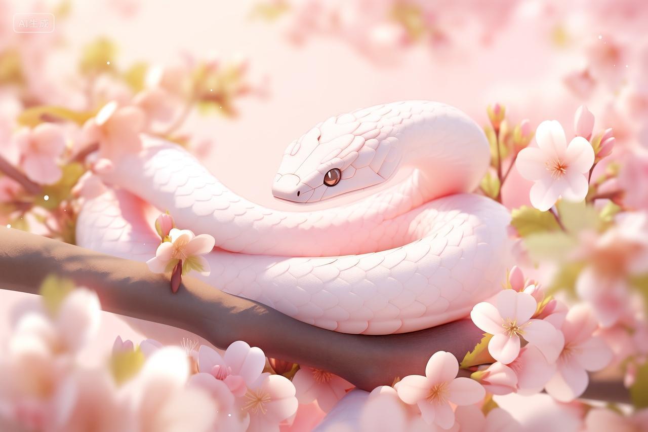 2025新年蛇年形象粉红蛇樱花春天壁纸