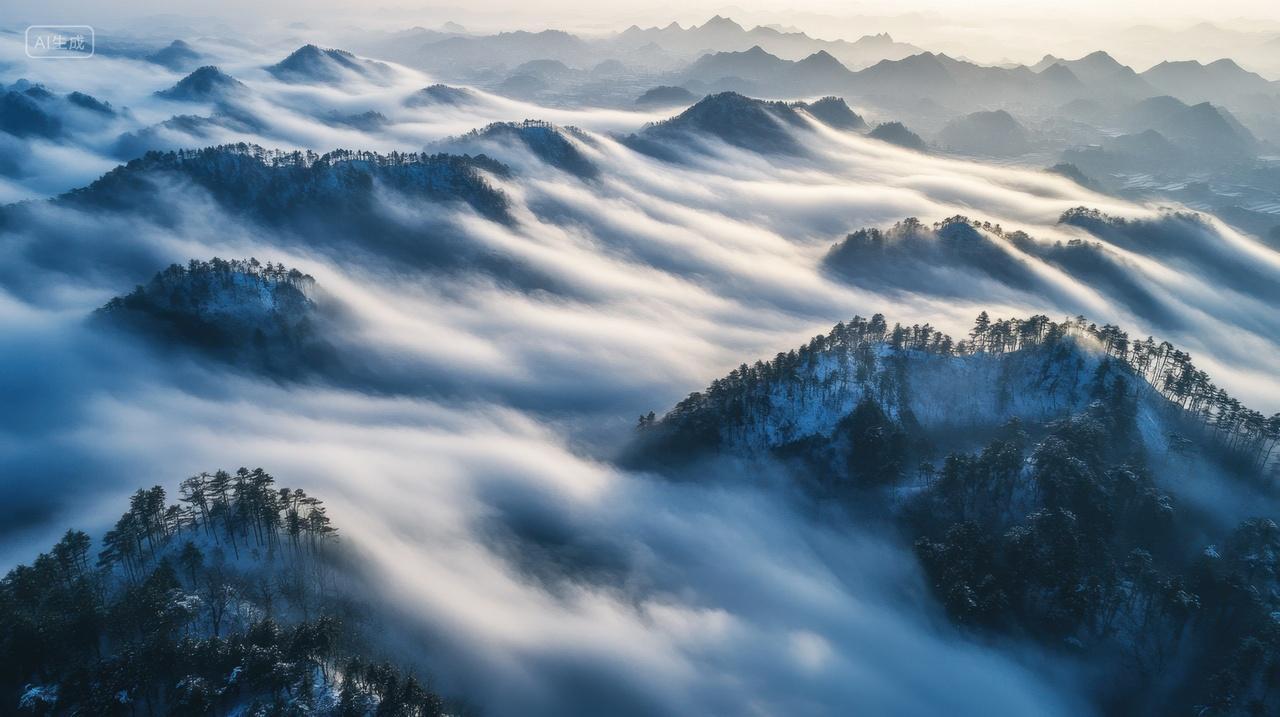航拍清晨高山森林雾气云海大气大好河山摄影风景背景图电脑壁纸