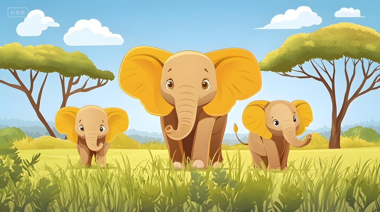 阳光灿烂大草原上嬉戏卡通大象