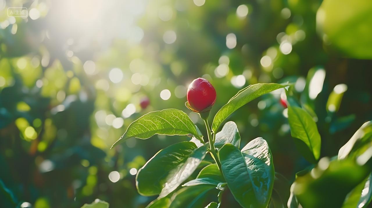 阳光下鲜绿叶子和红色芽