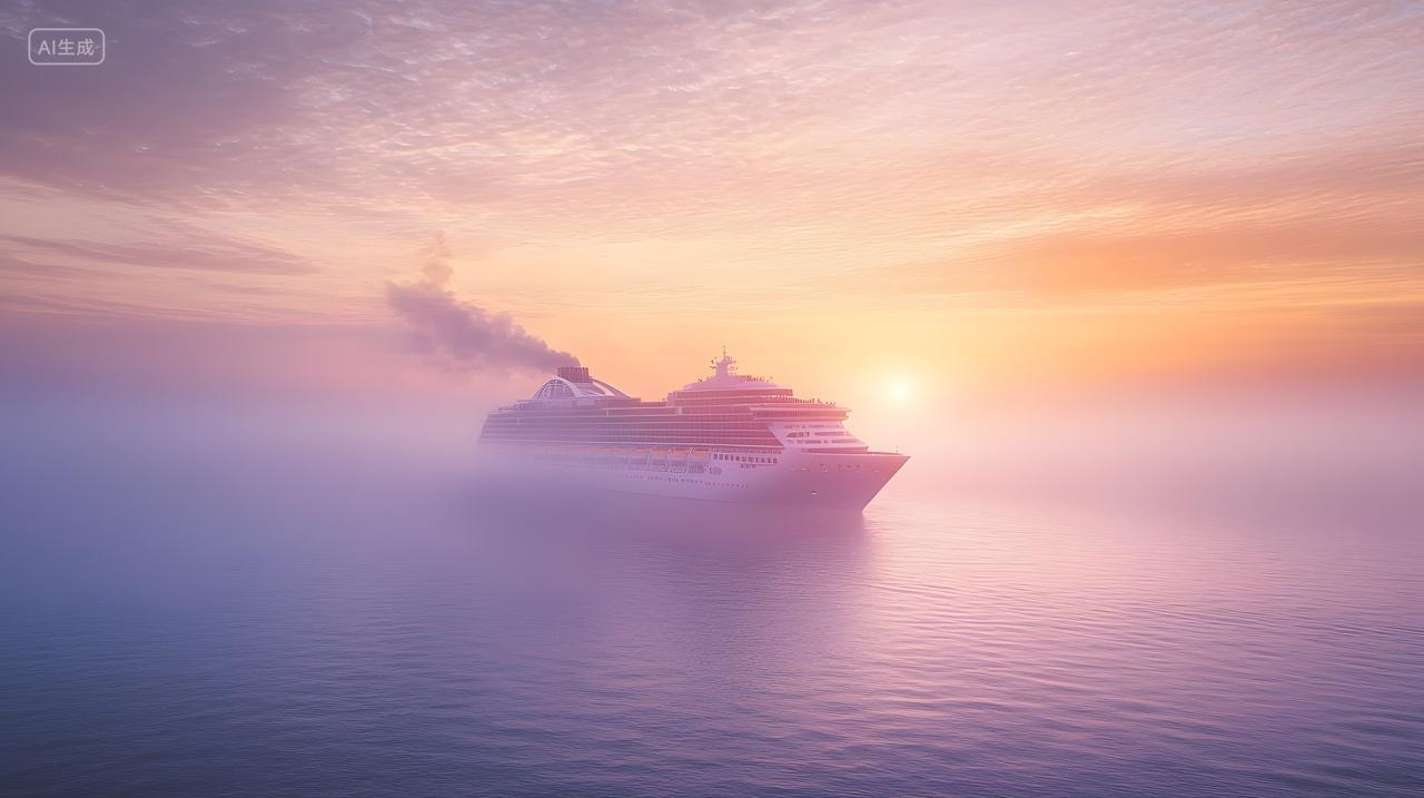 雄伟游轮在黎明时分在雾蒙蒙海水中航行