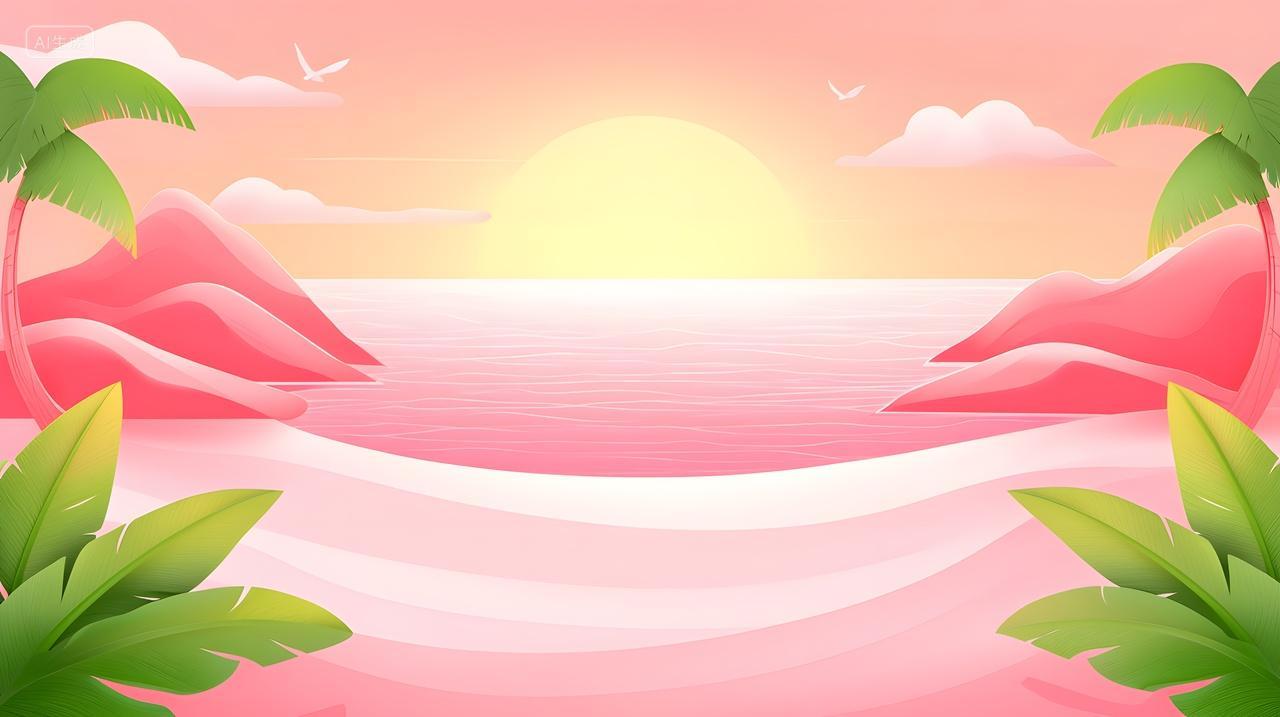 宁静粉红色热带日落风景插画