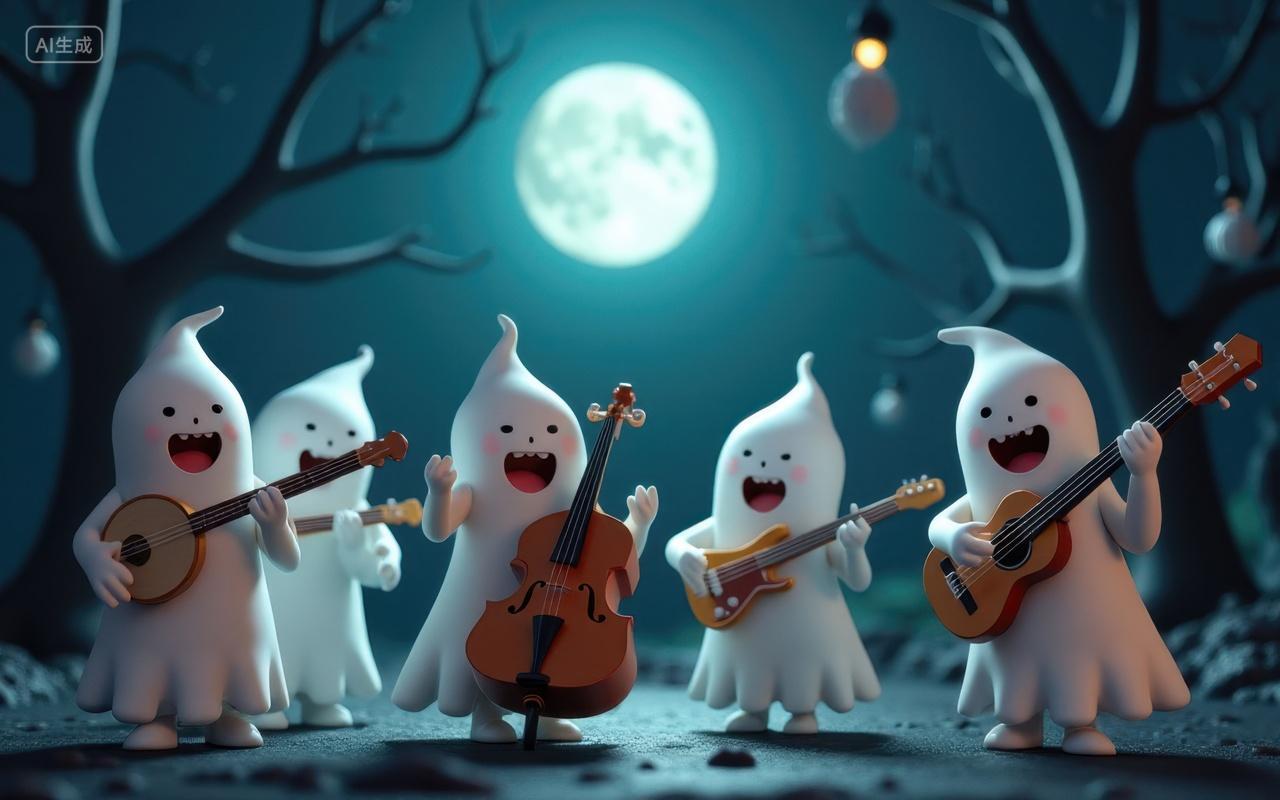 万圣节一群幽灵在月光下演奏乐器