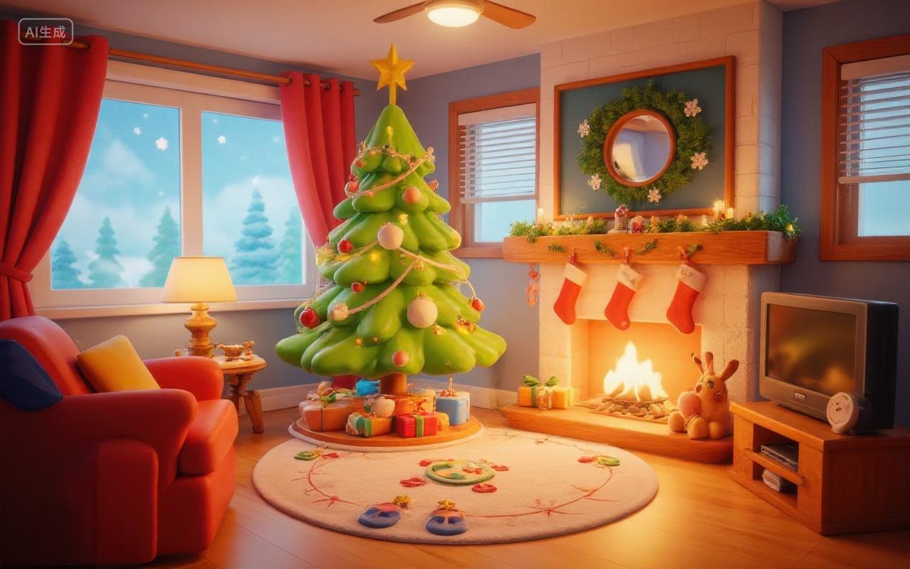 温馨的圣诞夜室内卡通场景