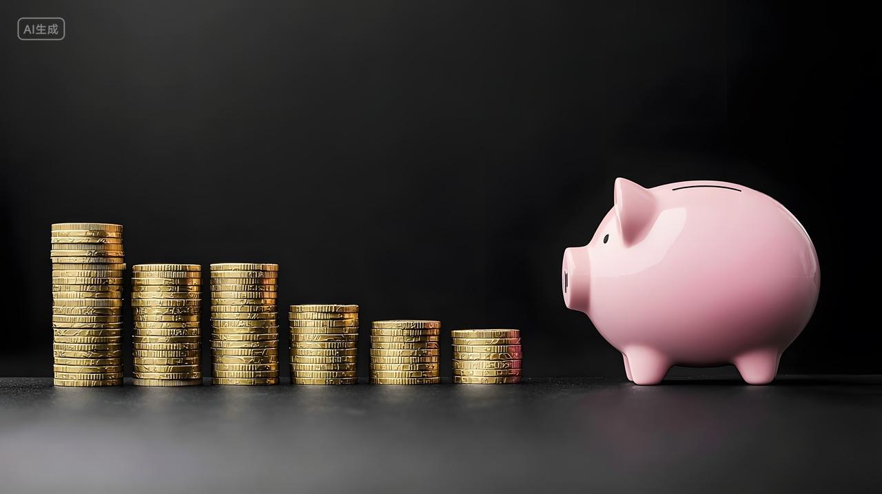 粉红色存钱罐旁边是一堆金币