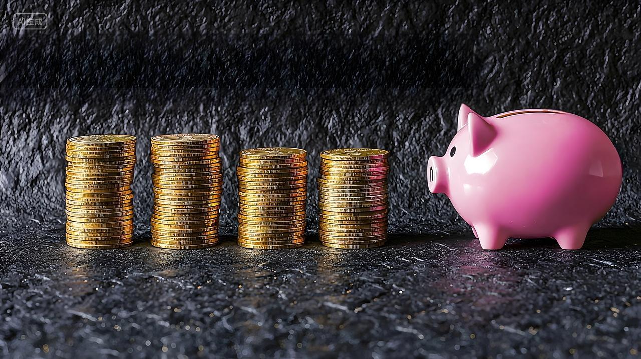 粉色小猪存钱罐旁边是一堆金币