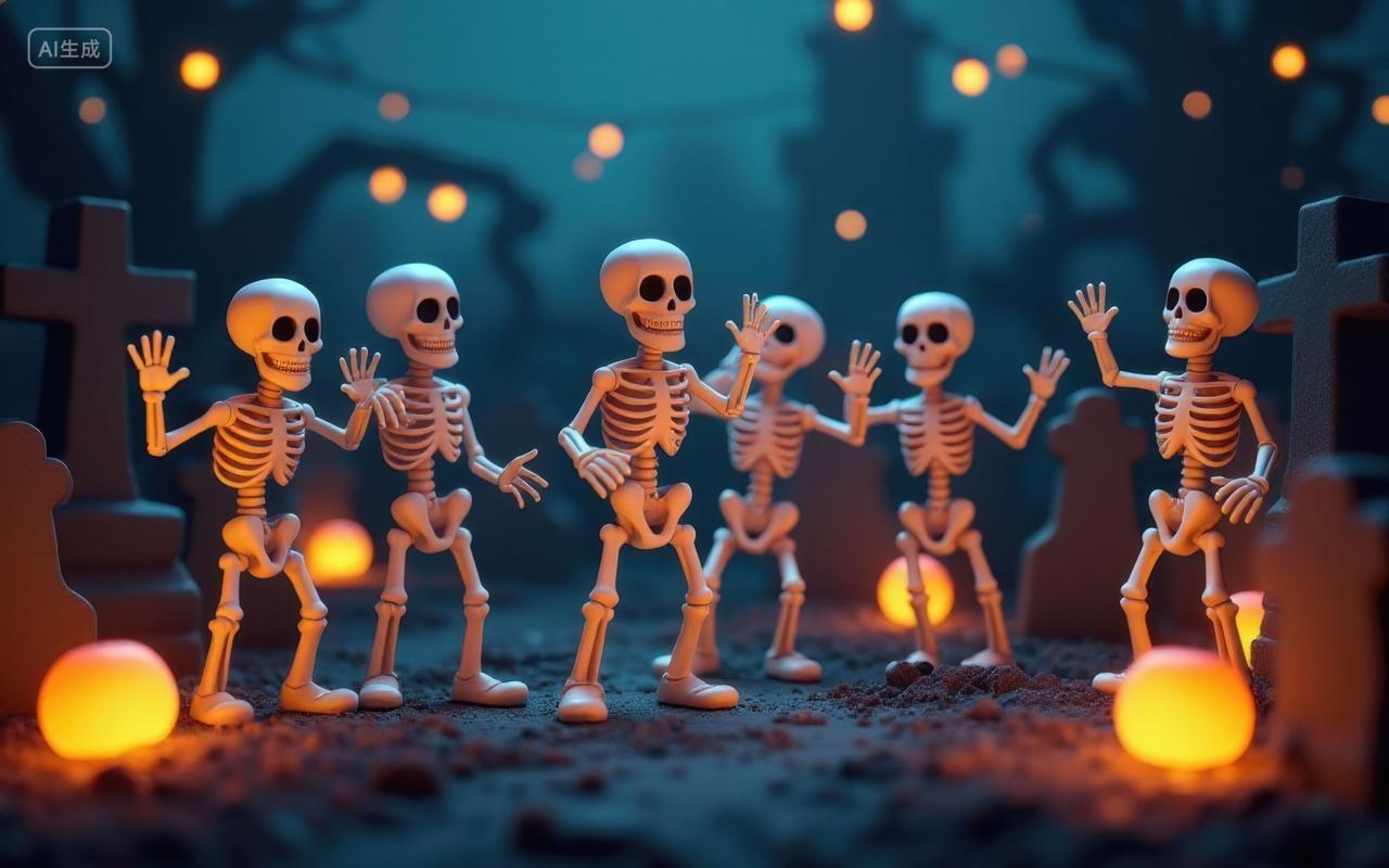 万圣节一群骷髅在墓地里举办舞会