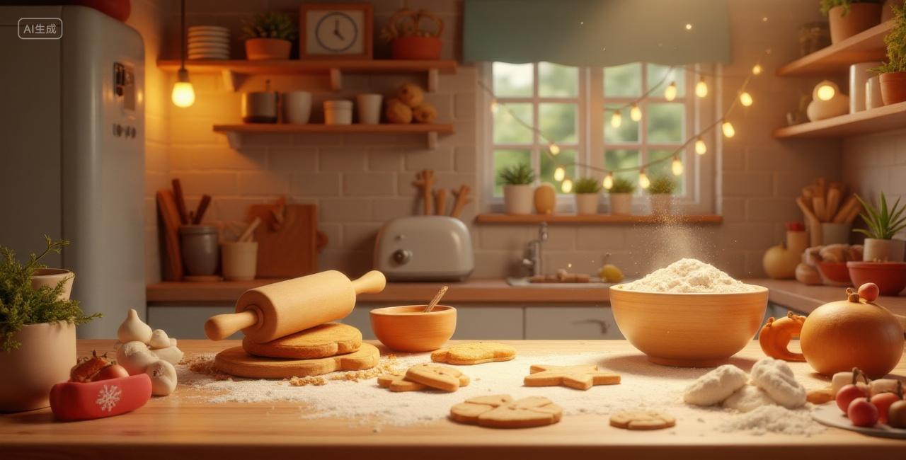 3D卡通圣诞节温暖的厨房烘焙时光