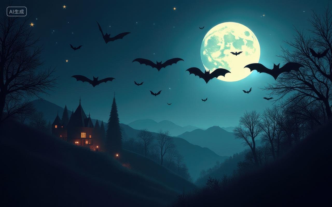 在满月夜晚下飞越村庄城堡的蝙蝠群