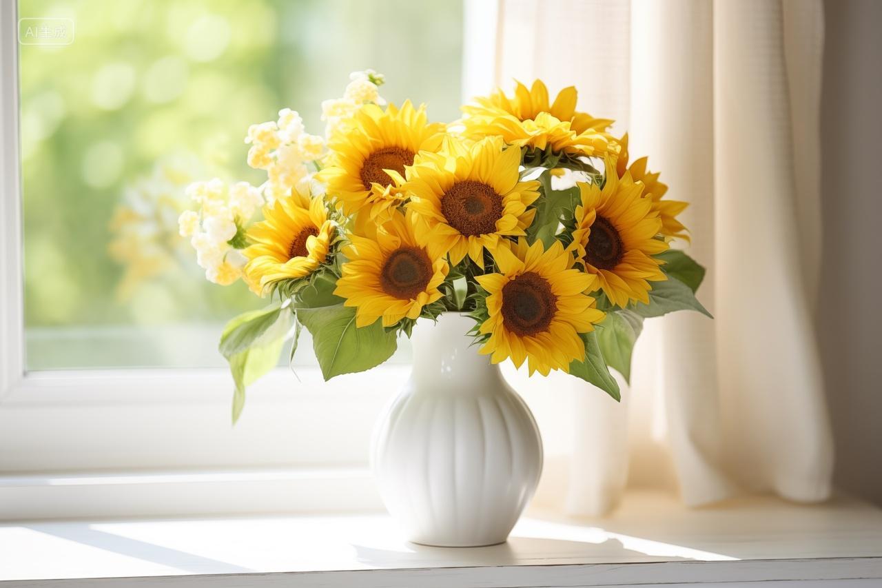 窗台边白色花瓶中的向日葵