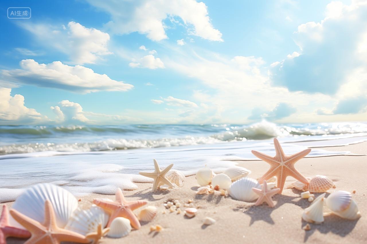 蓝色天空下度假海滩海螺和海星