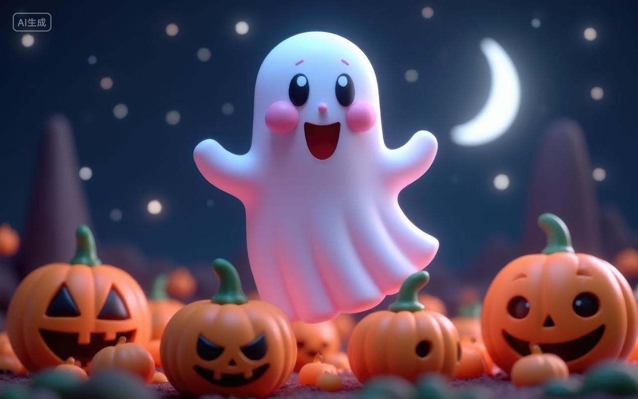 万圣节插画夜晚的幽灵与南瓜