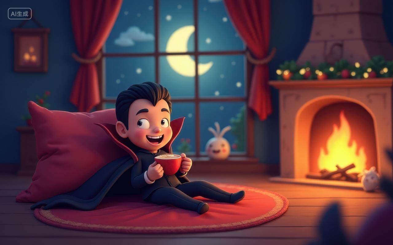 万圣节插画在房间里喝咖啡的可爱吸血鬼