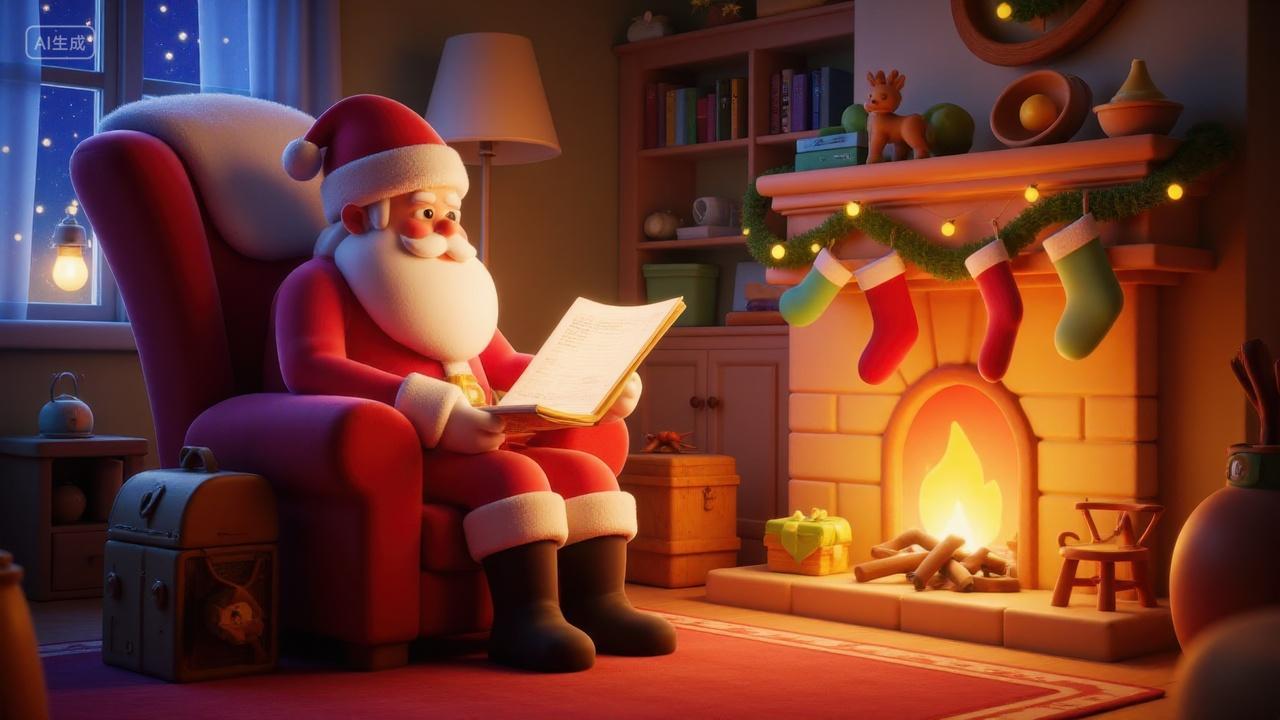 坐在壁炉前的圣诞老人