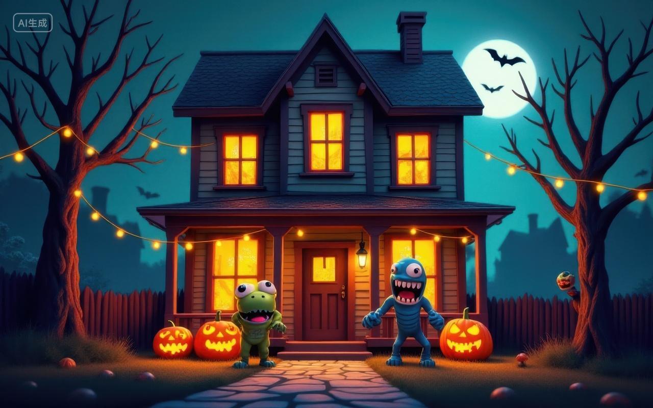 万圣节插画鬼屋门口的怪物