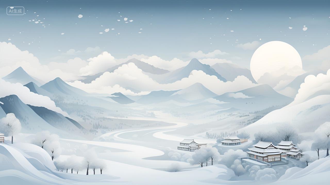 雪山之巅冬日圆月山村小屋冬季白雪