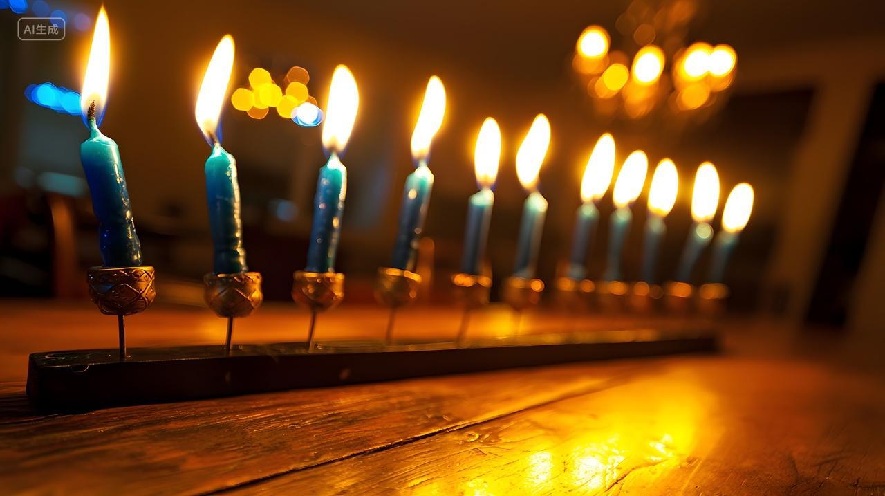 蓝色蜡烛在木桌上温暖地闪烁