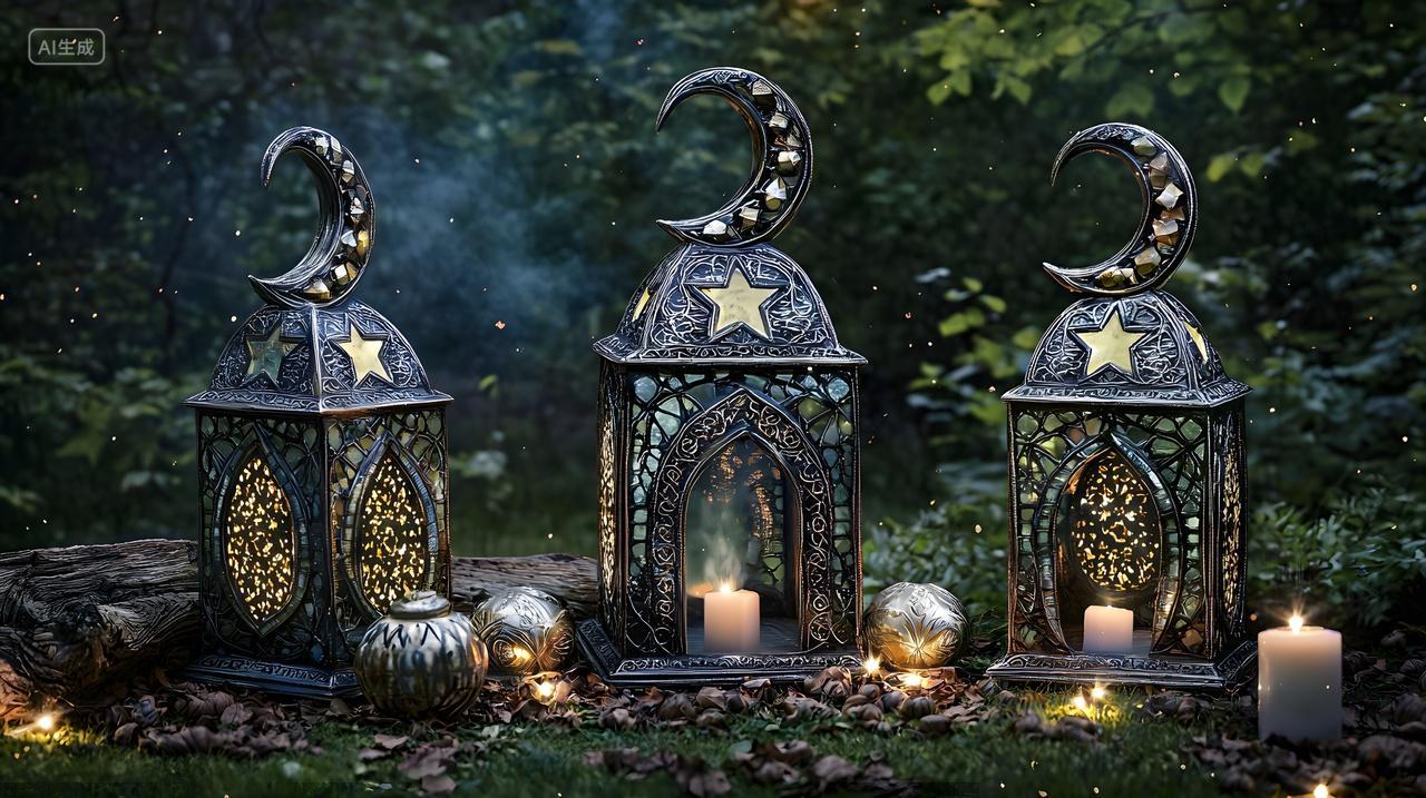 优雅灯笼照亮了宁静花园景色