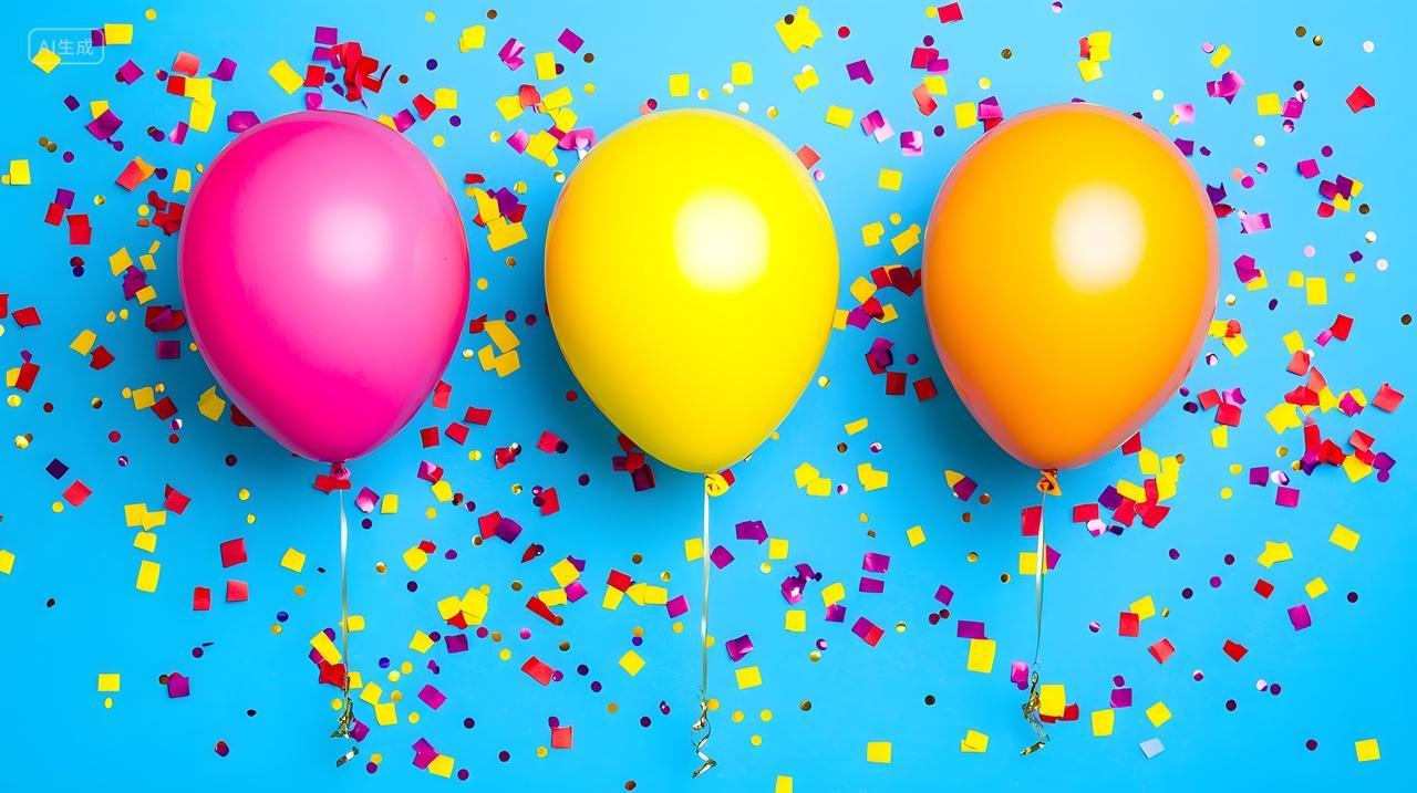 蓝色背景上飘扬彩色气球和五彩纸屑
