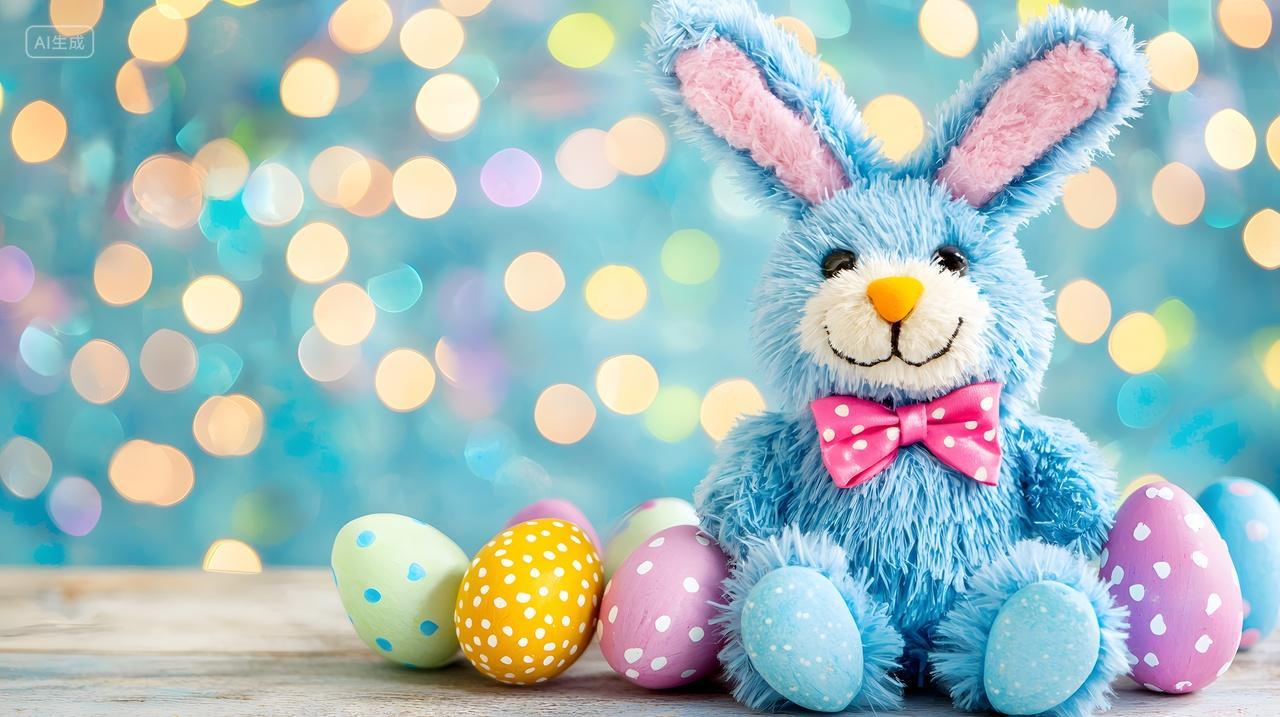 蓝色毛绒兔子和彩色复活节彩蛋